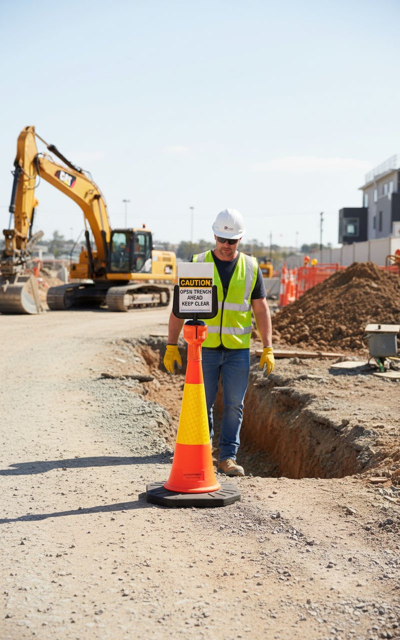 Professional Traffic Cone Sign Kit with Robust Sign Holder and 100 cm High-Visibility Cone for Outdoor Signage Solutions
