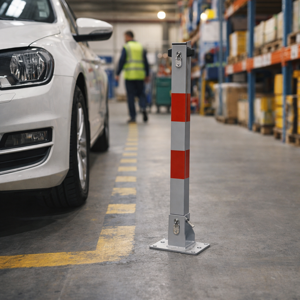 Folding Parking Bollard – Silver/Red – Easy to Fit – Outdoor Use