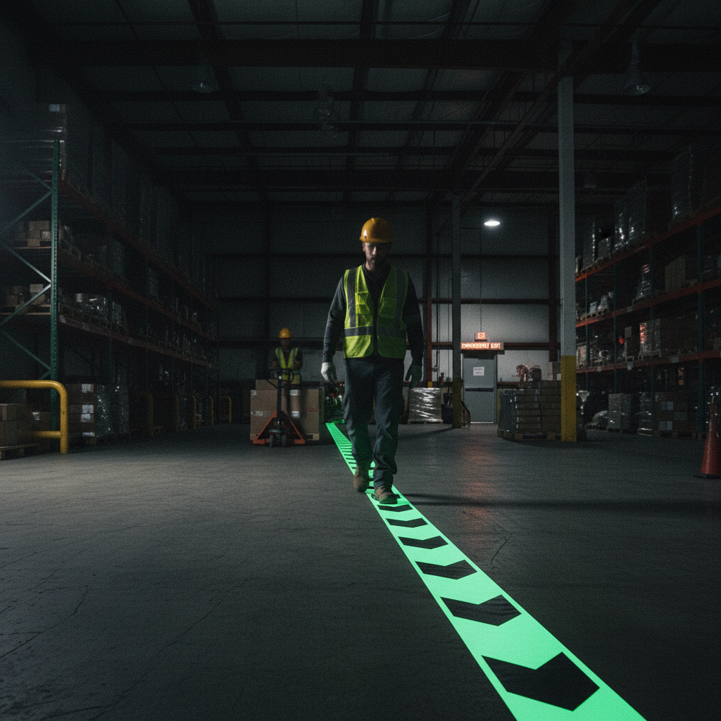 Premium Glow in the Dark Directional Marking Tape - 50 mm x 10 m for Clear Egress Guidance in Low-Light Conditions