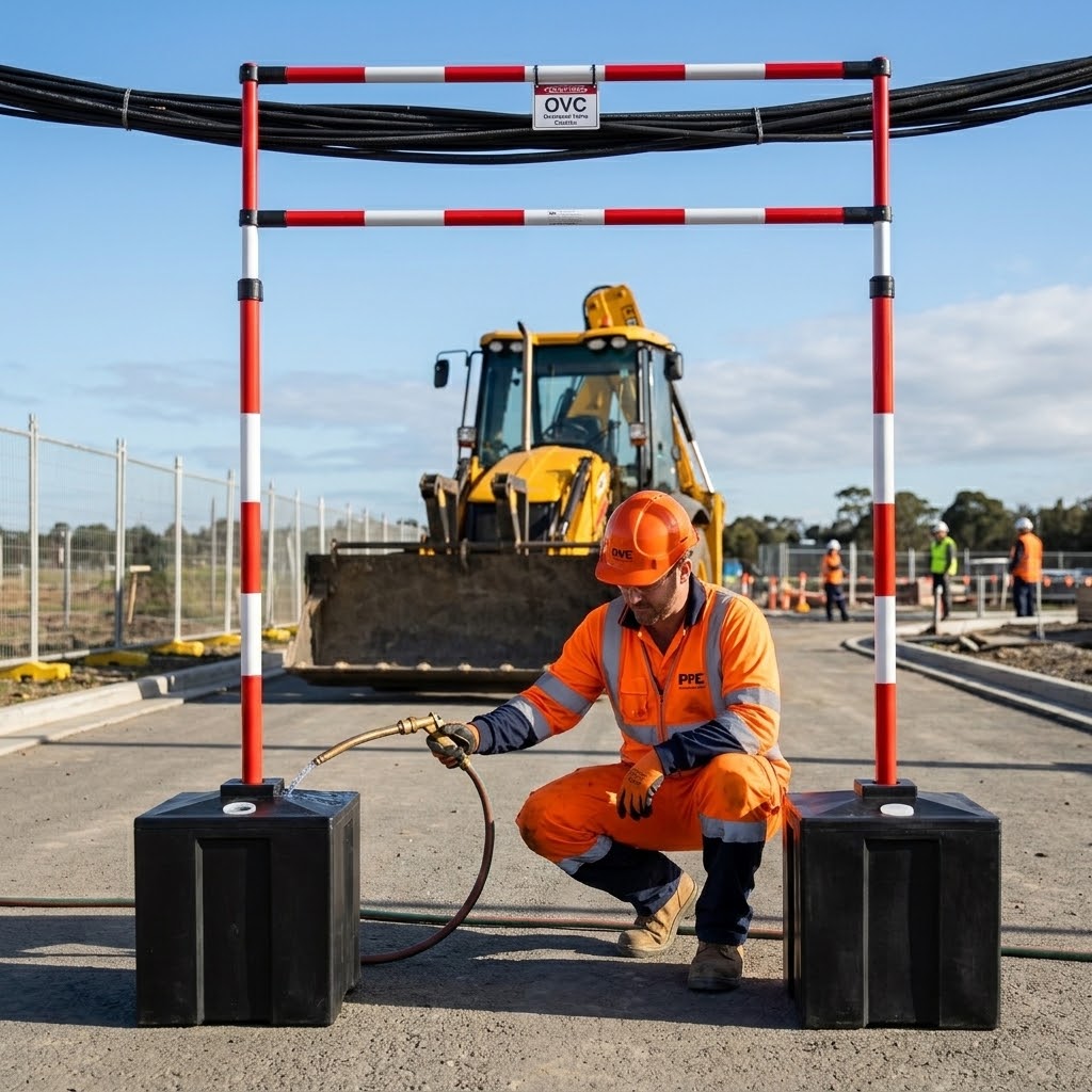 Water Filled Goal Post Base for Overhead Cable Systems