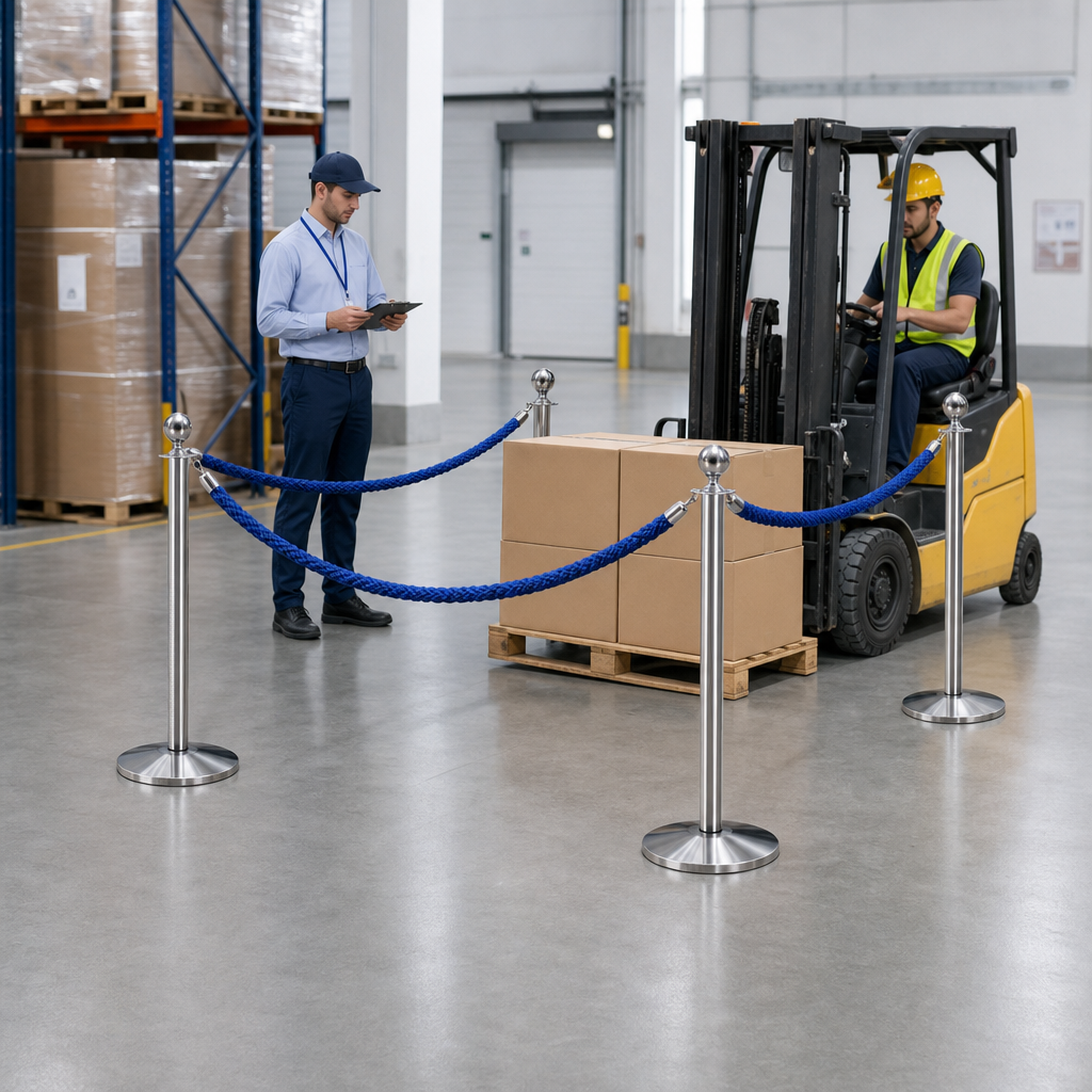 Silver Rope Barrier Set with Blue Ropes for Event Management (Pack of 4)