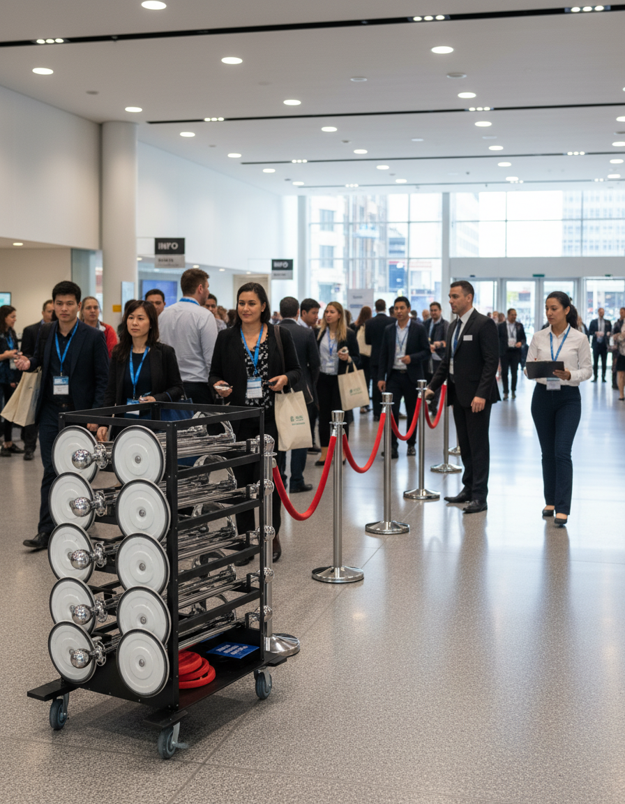 Premium Barrier Package with 18 Polished Chrome Posts, Red Ropes, and Transport Trolley for Event Setup