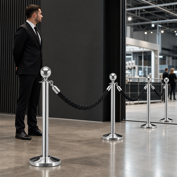 Silver Rope Barrier Set with Black Ropes for Event Management (Pack of 4)