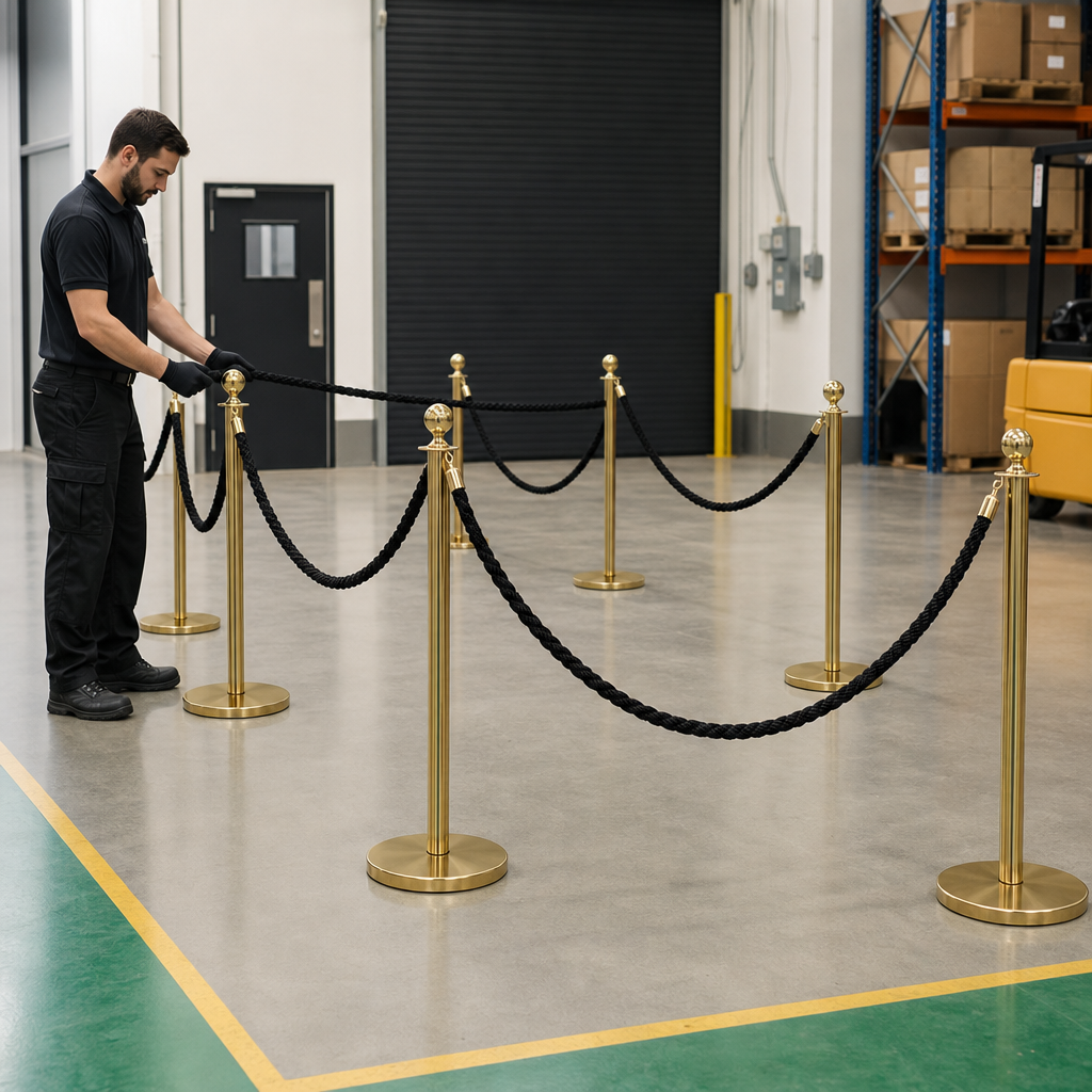 Brass Rope Barrier Set with Black Ropes for Event Management (Pack of 6)