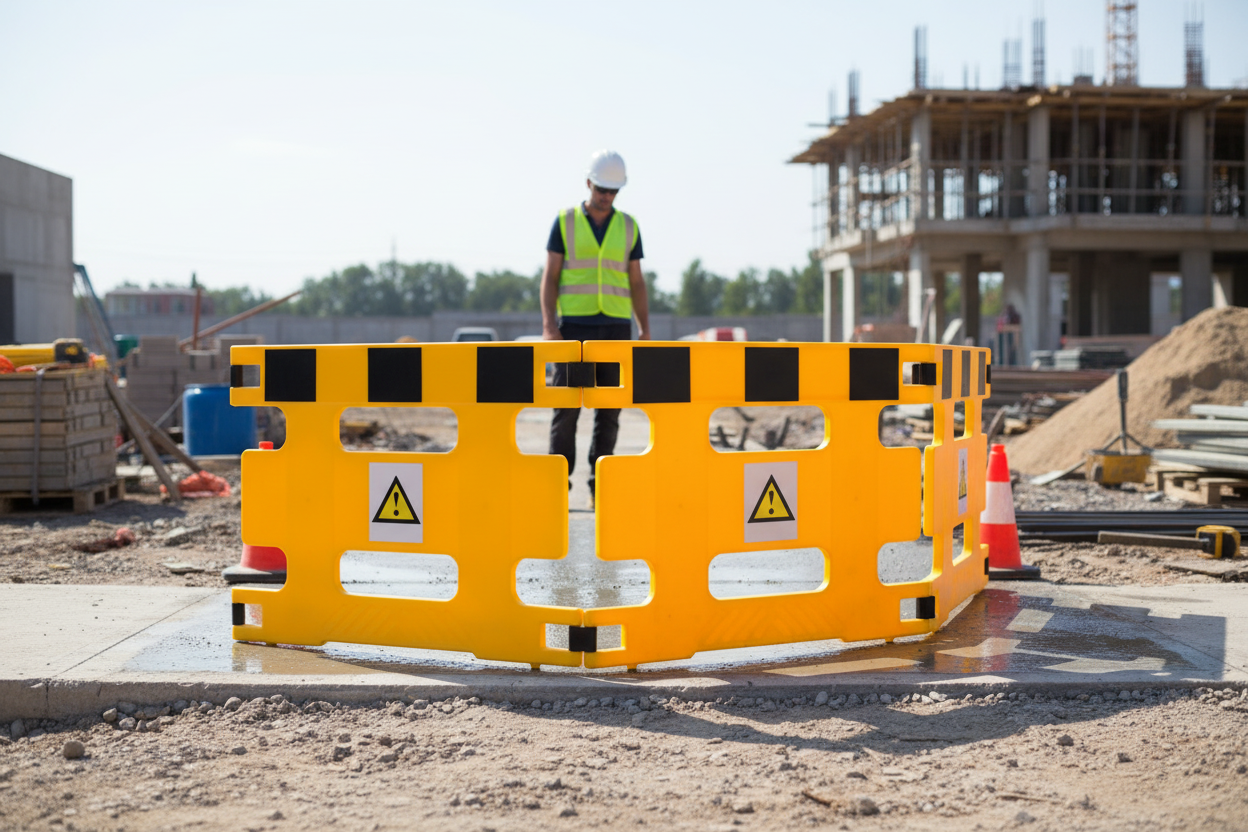 Premium Modular Safety Barrier for Indoor and Outdoor Maintenance - Lightweight Polyethylene Panels with Reflective Strips and Caution Signage