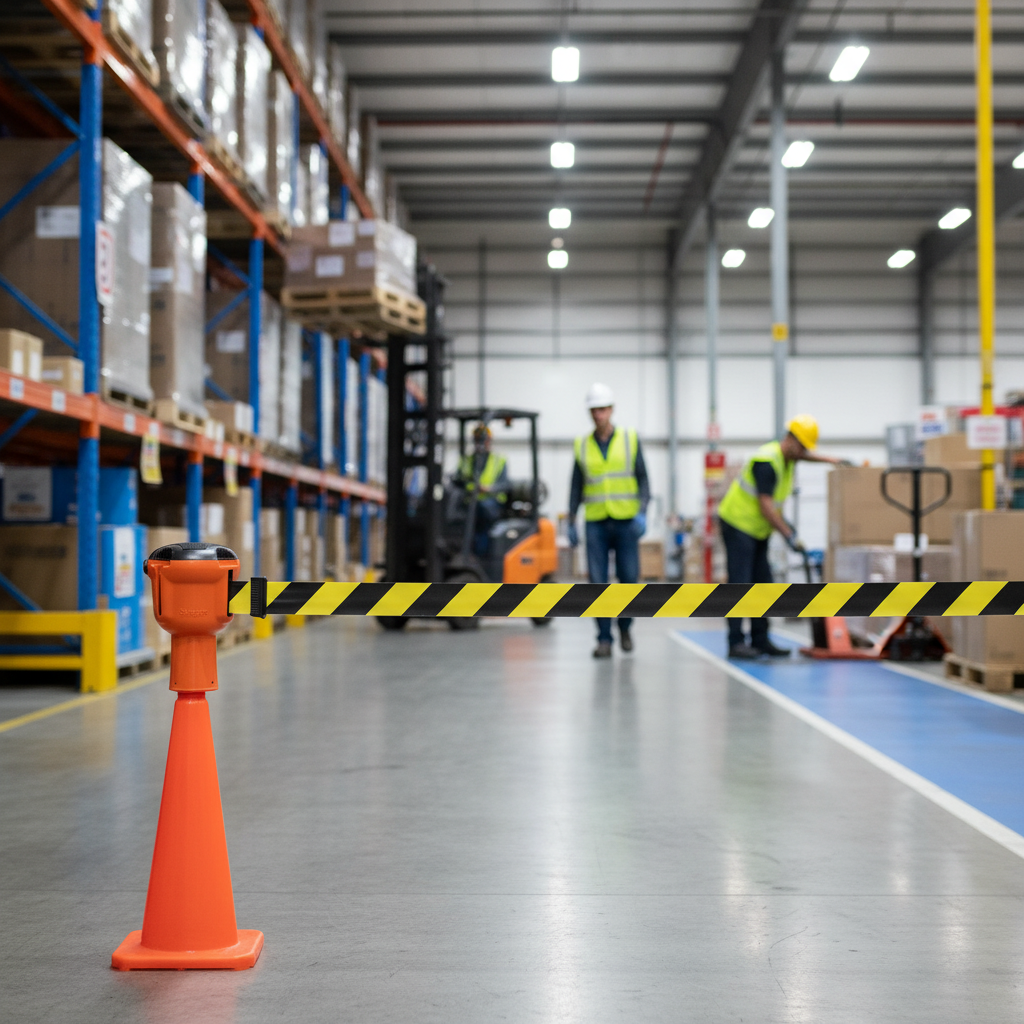 Professional Retractable Barrier System with 9m High Visibility Tape for Safe Area Cordoning - side view | Barriers Co