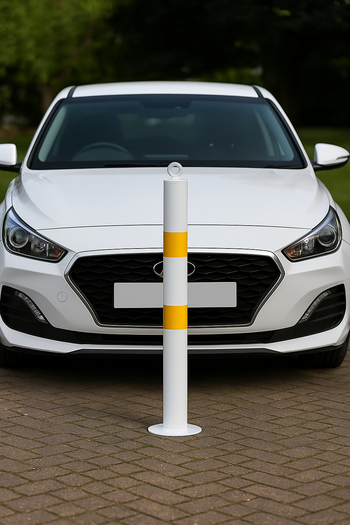 76mm Bolt-Down Steel Bollard – White & Yellow with Top Eyelet