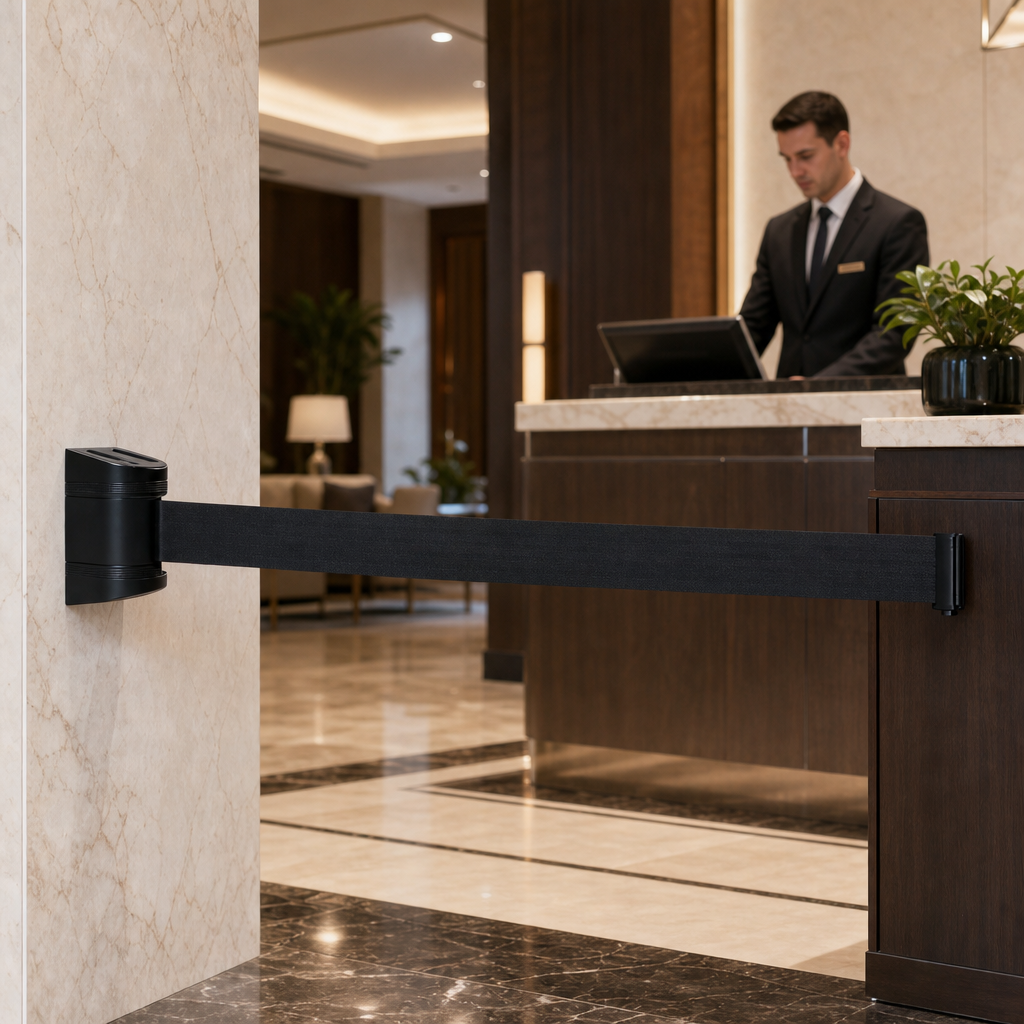 Wall Mounted Belt Barrier System with ABS Housing for Hotel Lobbies