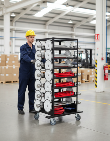 Premium Barrier Package with 18 Polished Chrome Posts, Red Ropes, and Transport Trolley for Event Setup