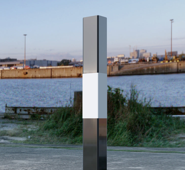 50-150mm Square Fixed Bollard 1000mm Above Ground - Galvanised and Black & White - Concrete In