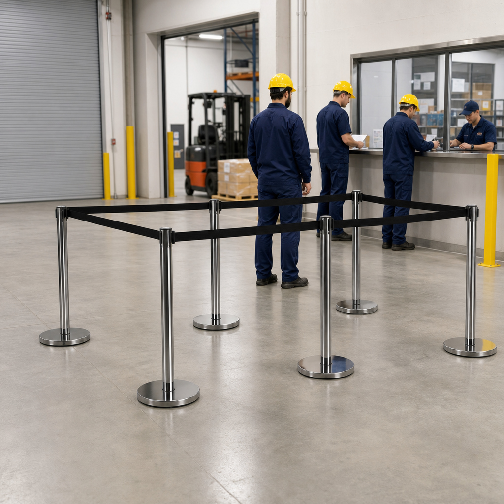 Belt Stanchion Set with Retractable Black Belt for Event Management (Pack of 6)
