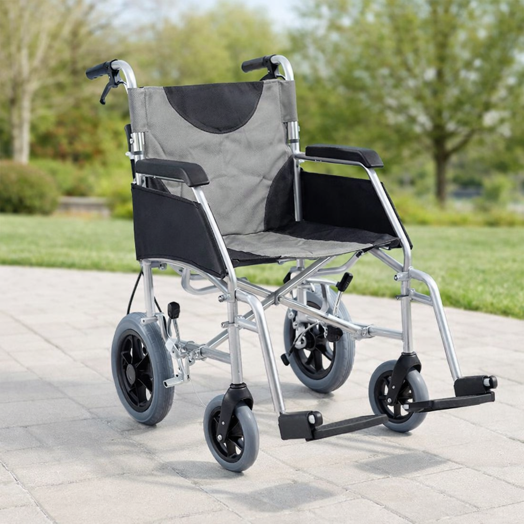 Lightweight Folding Transit Wheelchair – 115kg Capacity – Indoor/Outdoor Use