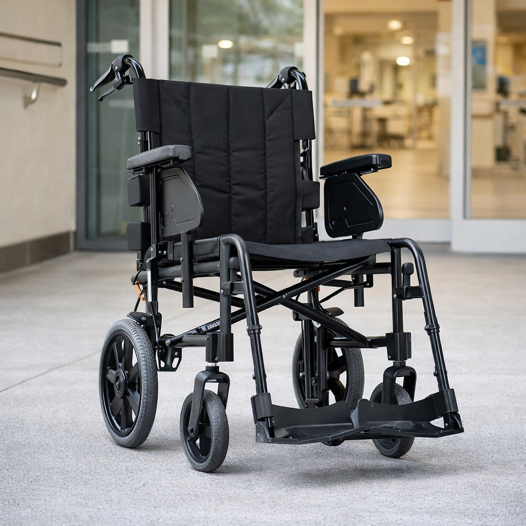 Transit Wheelchair – Black – Lightweight 16.2kg – Indoor & Outdoor Use