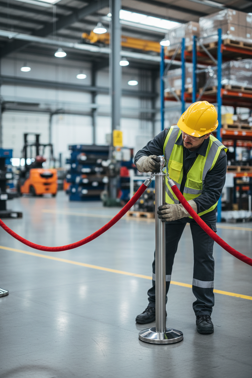 Premium Fixed Base Rope Stanchion Barrier - Ideal for Permanent Queue Systems with 990mm Height and 50mm Post Diameter