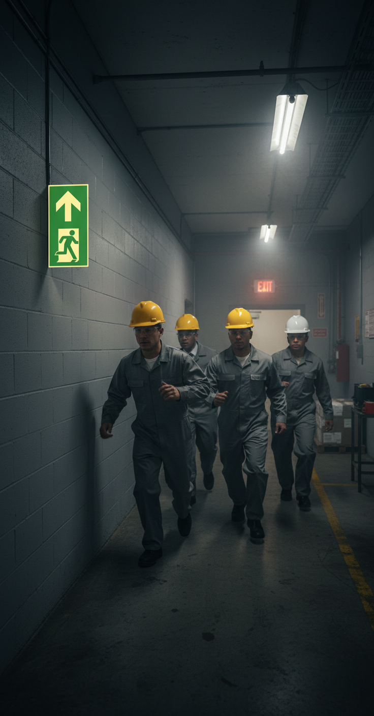 Professional Vertical Emergency Exit Sign in Aluminum with Glow-in-the-Dark Coating, Compliant with ISO 7010 Standards