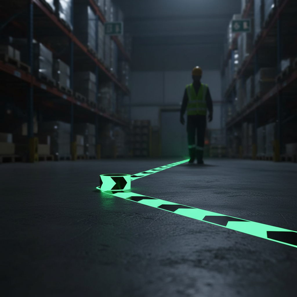 Premium Glow in the Dark Directional Marking Tape - 50 mm x 10 m for Clear Egress Guidance in Low-Light Conditions