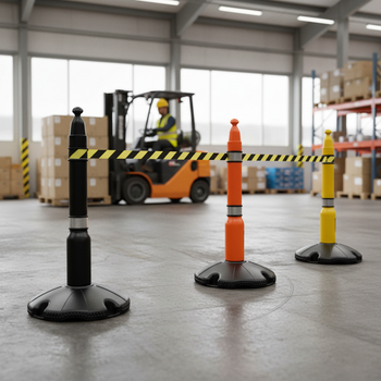 Professional Barrier Post and Base System with Reflective Strips for Enhanced Safety and Visibility