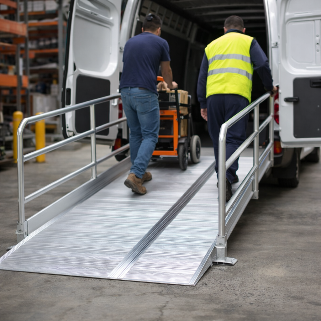 Vehicle Accessible Ramps with Handrails – 1990mm L x 1250mm W – Heavy Duty – Commercial Use