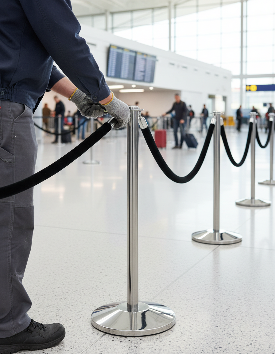 Premium Flat Top Post and Rope Barrier with Custom Finish Options, Height 990mm, Weight 9kg, and Durable Base Design