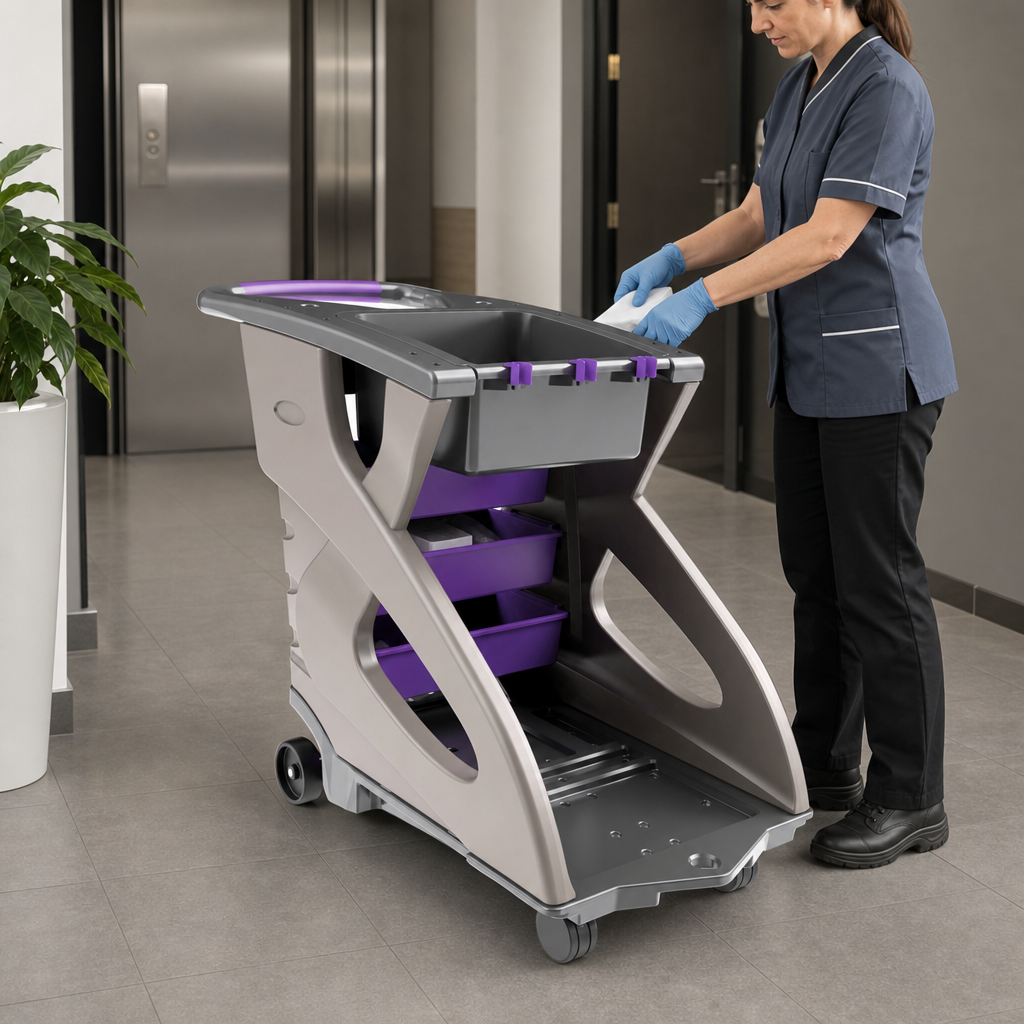 Janitorial Trolley with Waste Bin and Drawers for Cleaning Tasks