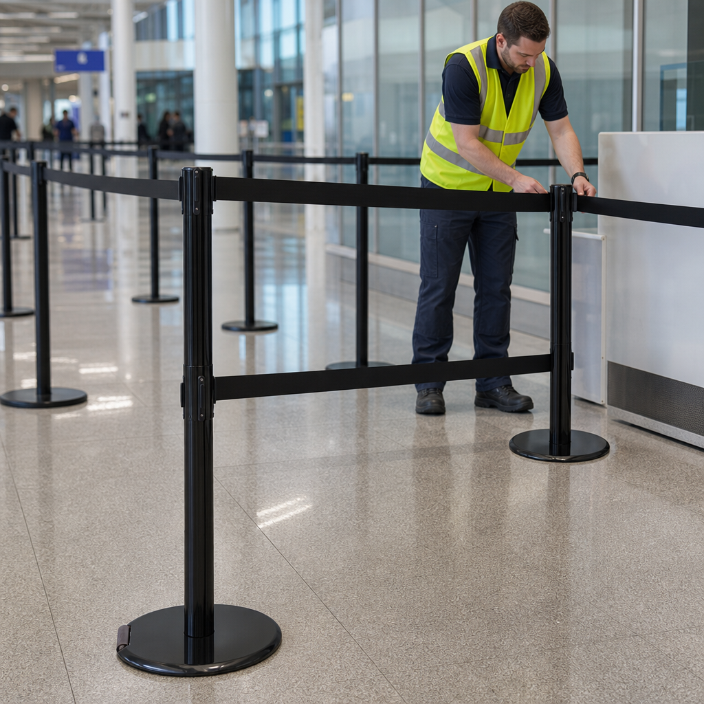 Twin Belt Barrier System with Cast Iron Base 3.4m x 50mm for Traffic Management