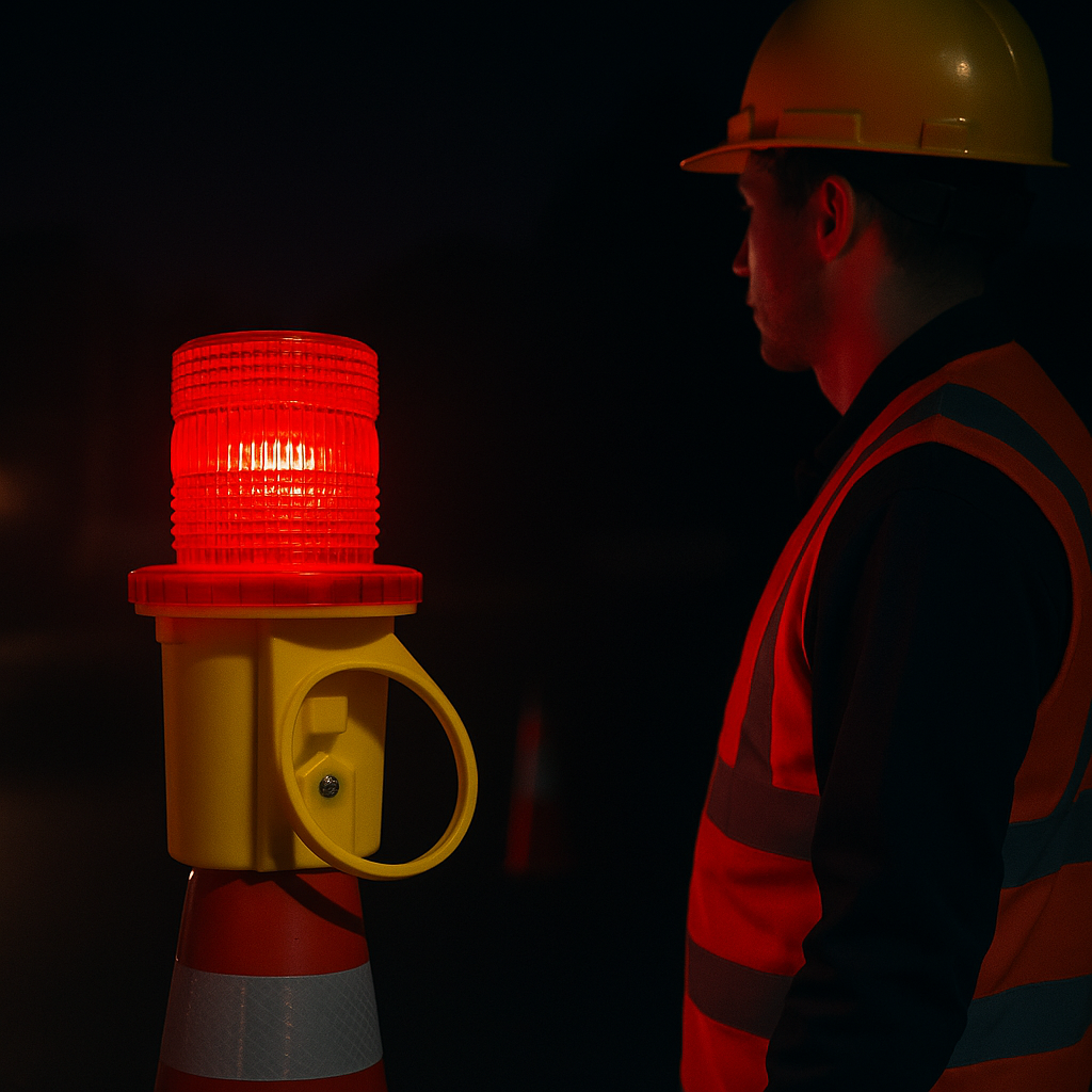 High-Visibility Red LED Traffic Warning Light with Photocell Sensor & Flashing Mode – Cone Mountable 2
