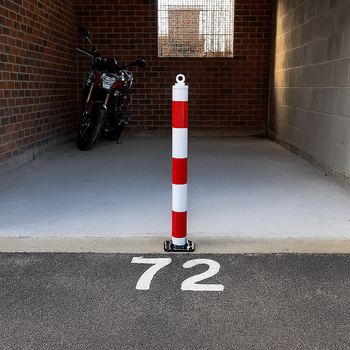 Red & White Fold-Down Parking Post with Integral Lock & Eyelet – Heavy Duty Surface Mount Bollard