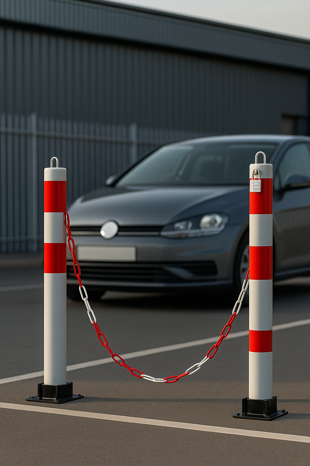 Red & White Folding Parking Post & Chain Kit – Heavy-Duty Lockable Steel Driveway & Car Park Barrier (2 Posts + 5 m Chain + Padlocks + Fixings Included)