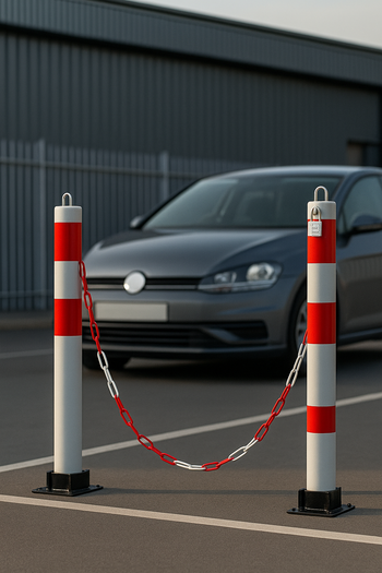Red & White Folding Parking Post & Chain Kit – Heavy-Duty Lockable Steel Driveway & Car Park Barrier (2 Posts + 5 m Chain + Padlocks + Fixings Included)