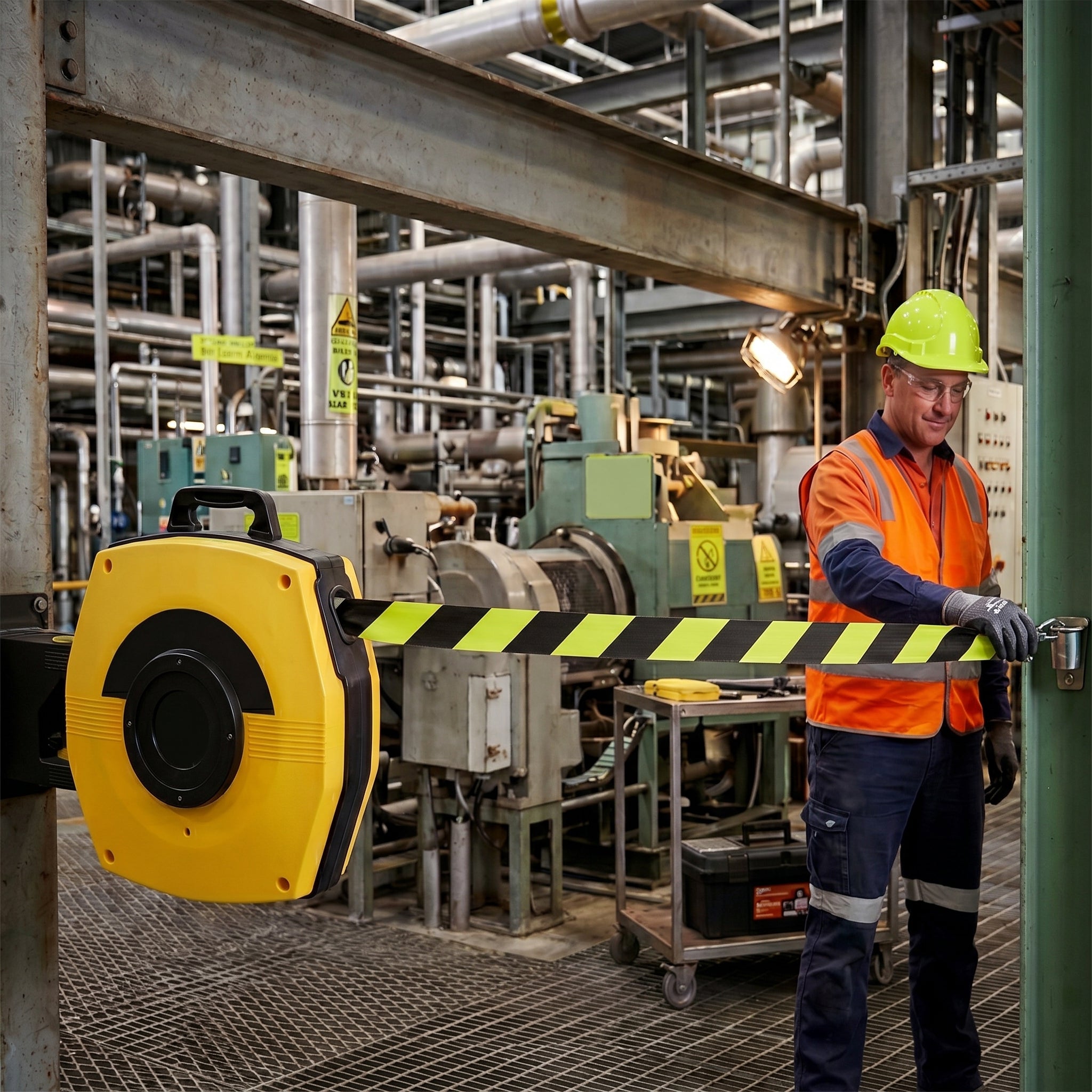 Retractable Safety Barrier Reel with Magnetic Mounting for Industrial Use