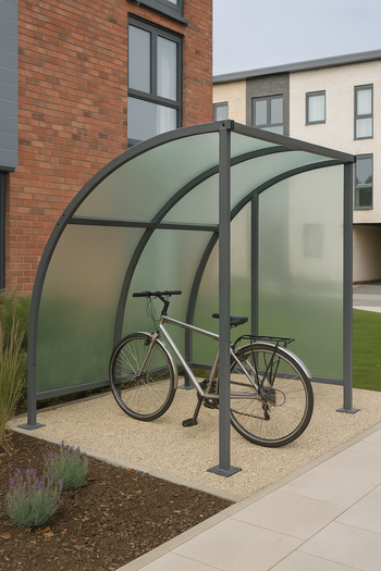 Stratford Cycle Shelter with End Panels – Modular Galvanised Steel Frame, UV-Protected Curved PETG Roof (1m–5m)