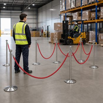 Silver Rope Barrier Set with Red Ropes for Event Management (Pack of 8)