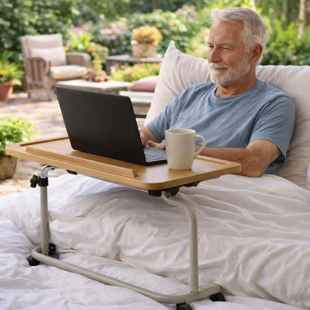 Adjustable Over Bed Table – White – Steel Frame – Mobility Aid