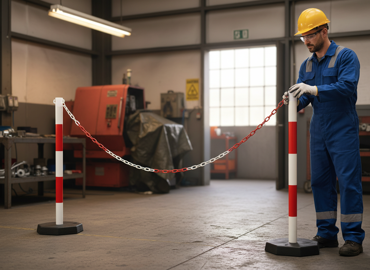 Premium Post & Chain Barrier Kit - 4 Plastic Stanchions with 25m Chain for Indoor and Outdoor Use
