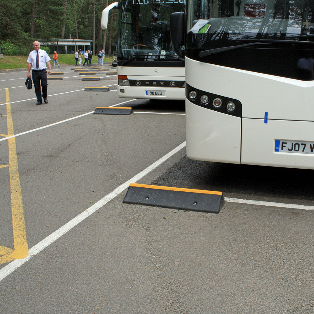Professional Heavy Duty Coach Wheel Stops 1000mm - Rubber Construction with Fixings for Safe... - side view | Barriers Co
