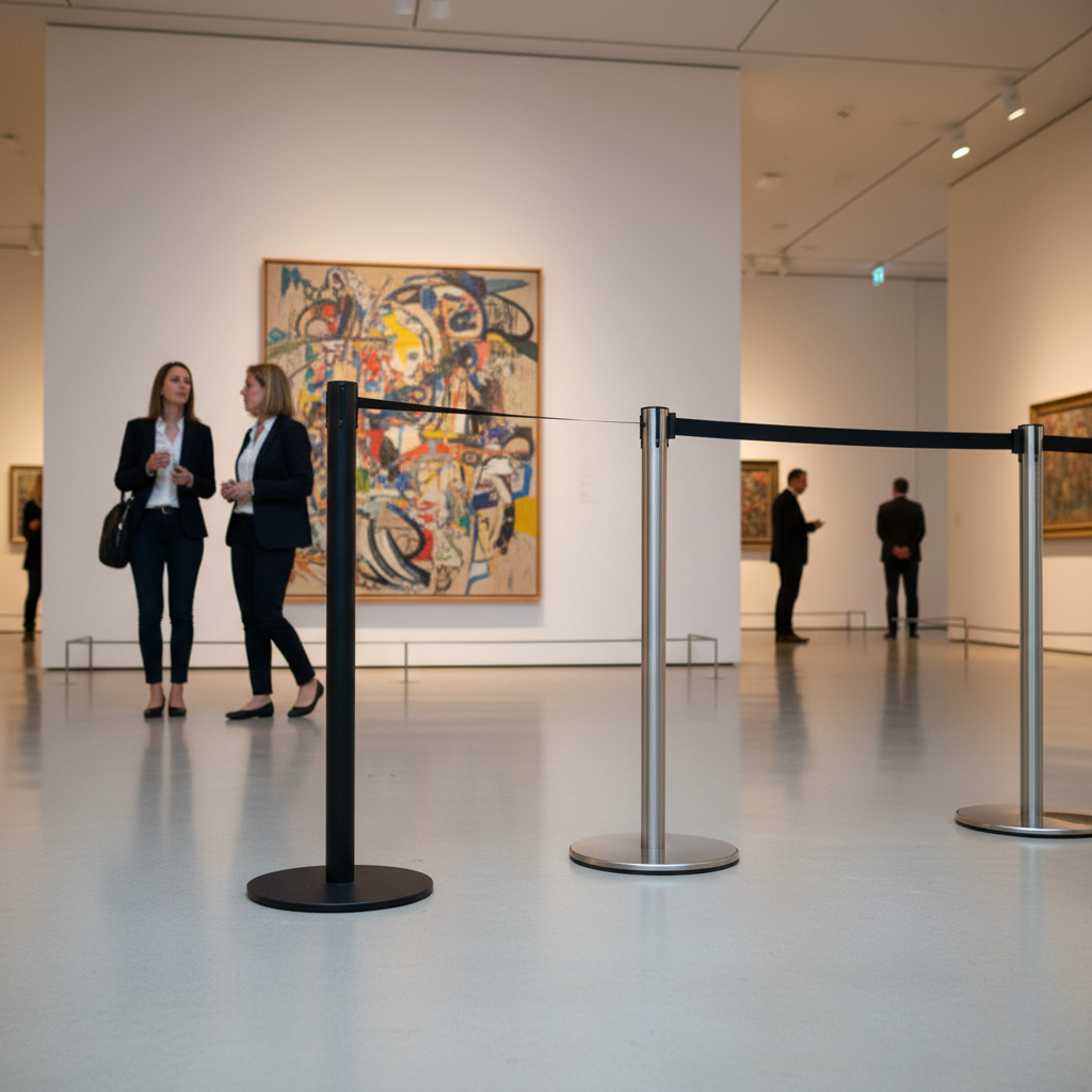 Premium Heavy Duty Museum Stanchion - Stylish Brushed Chrome or Black with Expandable Elastic Cord System