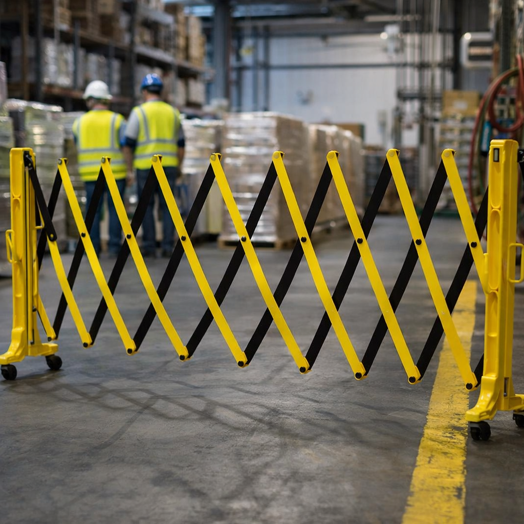 Expandable Barrier on Wheels – Black & Yellow – Plastic – Safety & Crowd Control