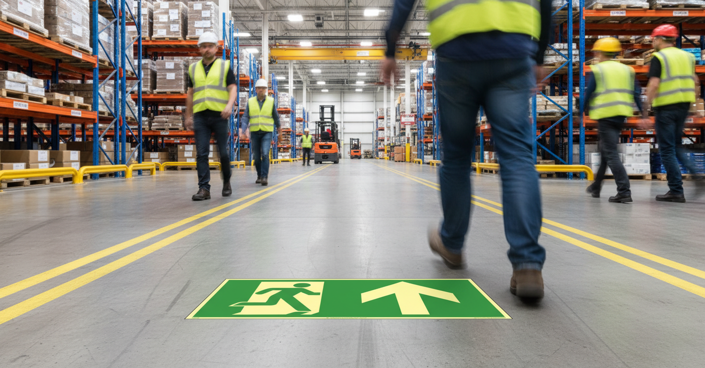 Premium Self-Adhesive Floor Sign for Emergency Exit Straight Ahead - Durable Aluminum with Glow-in-the-Dark Coating and Compliance with ISO 7010 Standards