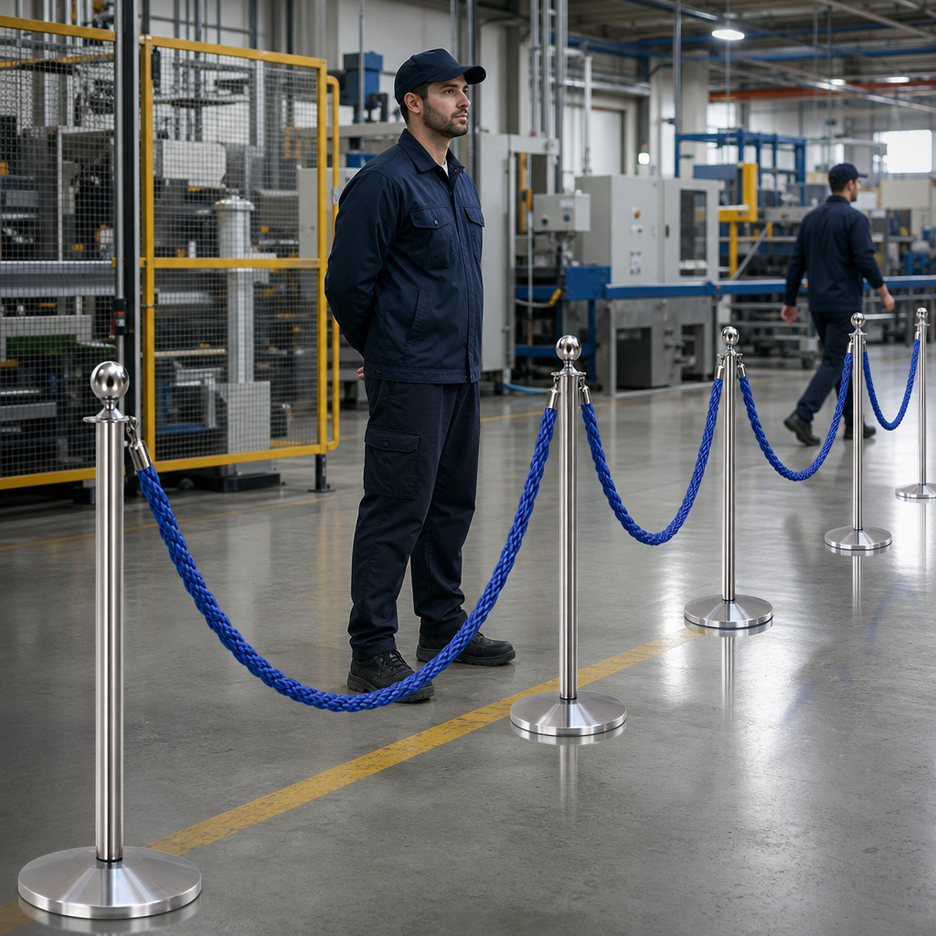 Silver Rope Barrier Set with Blue Ropes for Event Management (Pack of 10)
