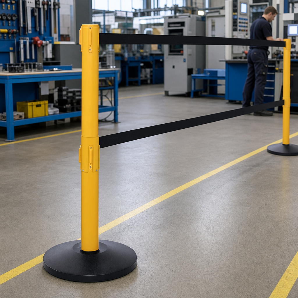 Heavy Duty Aluminium Twin Belt Barrier System 3.4m x 50mm for Factories & Workshops