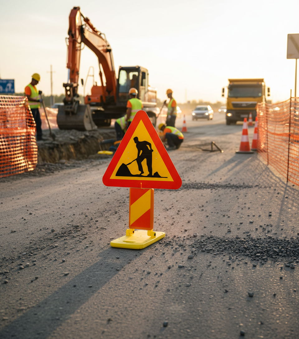 Premium Road Work Sign Holder with A20 Warning Sign and Marking Screen - Durable and Heavy-Duty for Safety