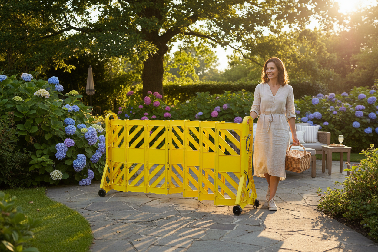 Premium Portable and Expanding Barrier with Wheels - 4m Length, Lightweight, and Signal Yellow Color for Easy Setup