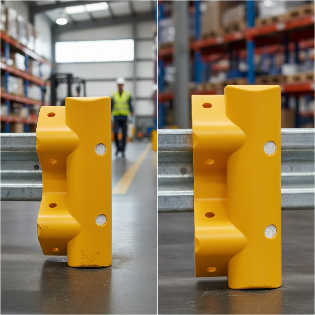 Premium Yellow Plastic Pedestrian Scroll End Cap with Reflectors for Safety and Visibility | Barriers Co