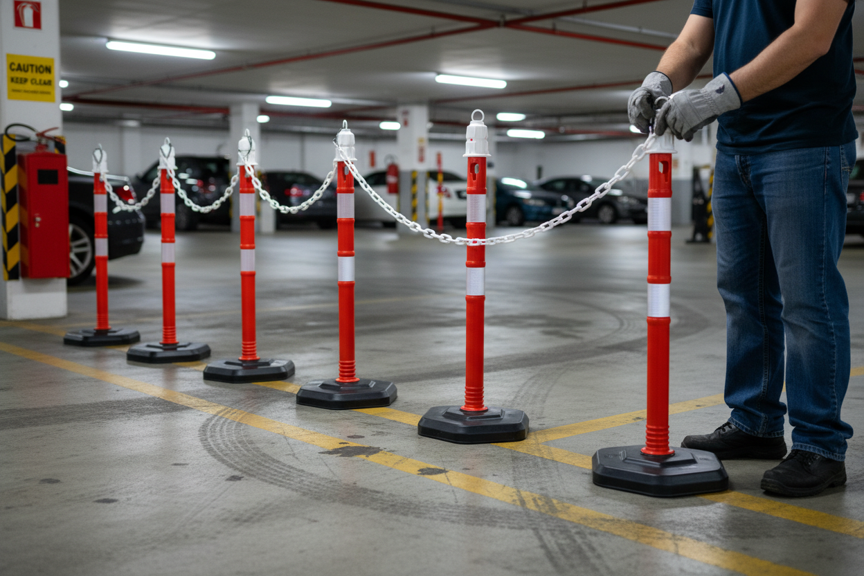 Premium Post & Chain Barrier Set with 15m Chain - Includes 6 Posts and Bases for Effective Traffic Control