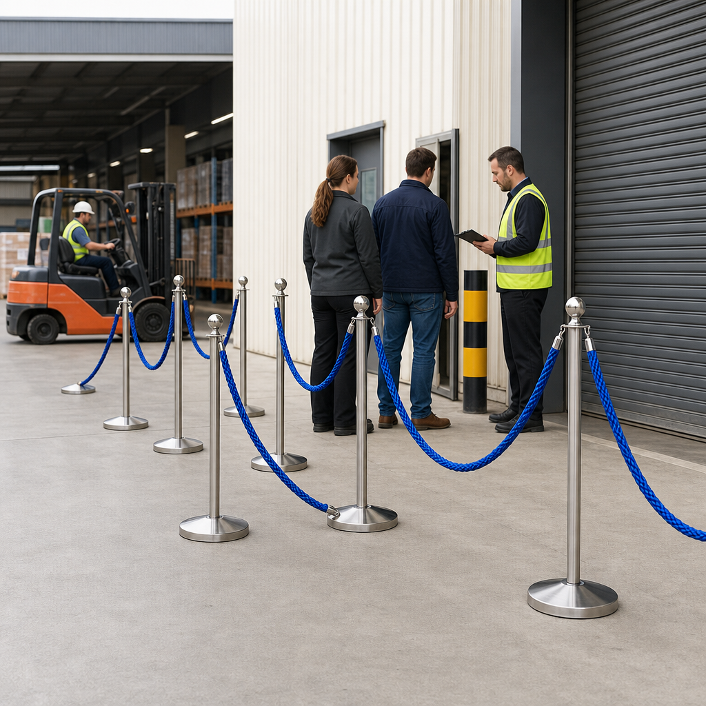 Silver Rope Barrier Set with Blue Ropes for Event Management (Pack of 6)