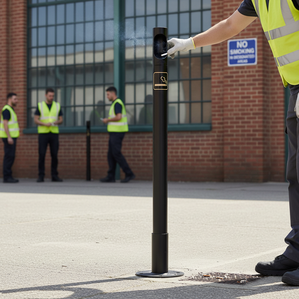 Premium Cigarette Ashtray Bollard for Outdoor Use - High Capacity and Easy Disposal - side view | Barriers Co