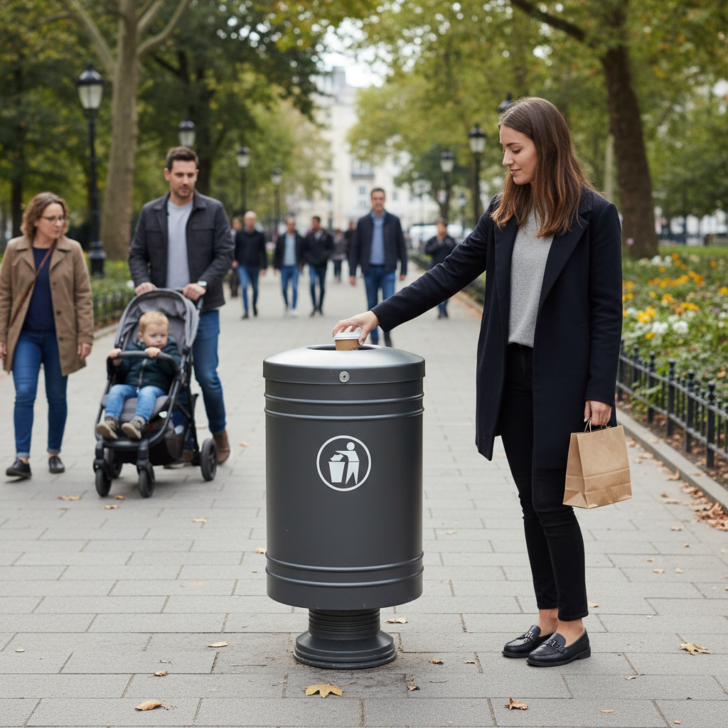 Premium Heavy Duty 60L Outdoor Litter Bin with Self-Extinguishing Lid and Easy Maintenance Features - side view | Barriers Co