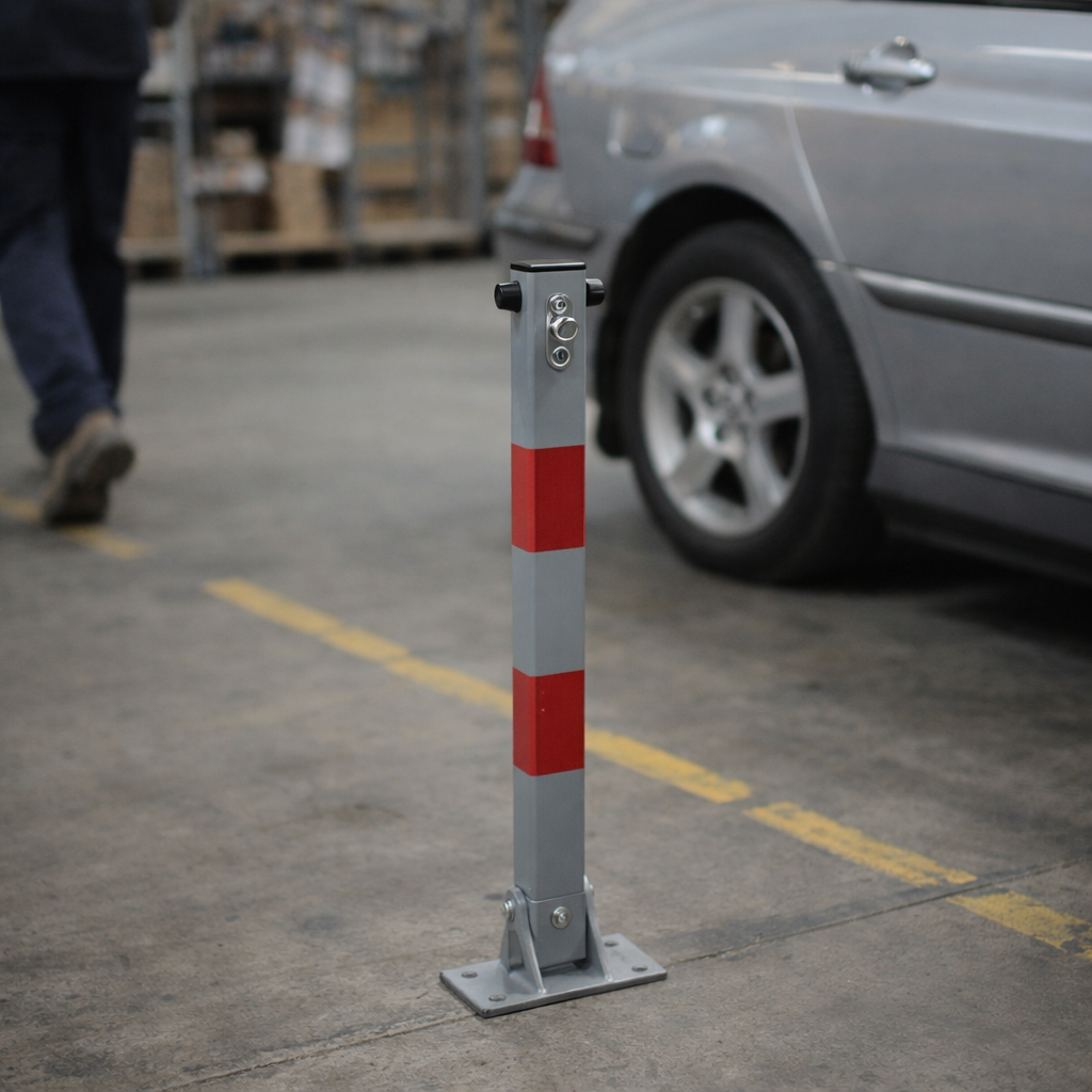 Folding Parking Bollard – Silver/Red – Heavy Duty – Commercial Use
