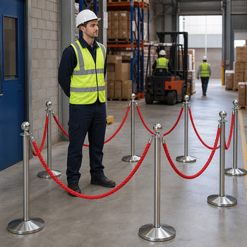 Silver Rope Barrier Set with Red Ropes for Event Management (Pack of 8)