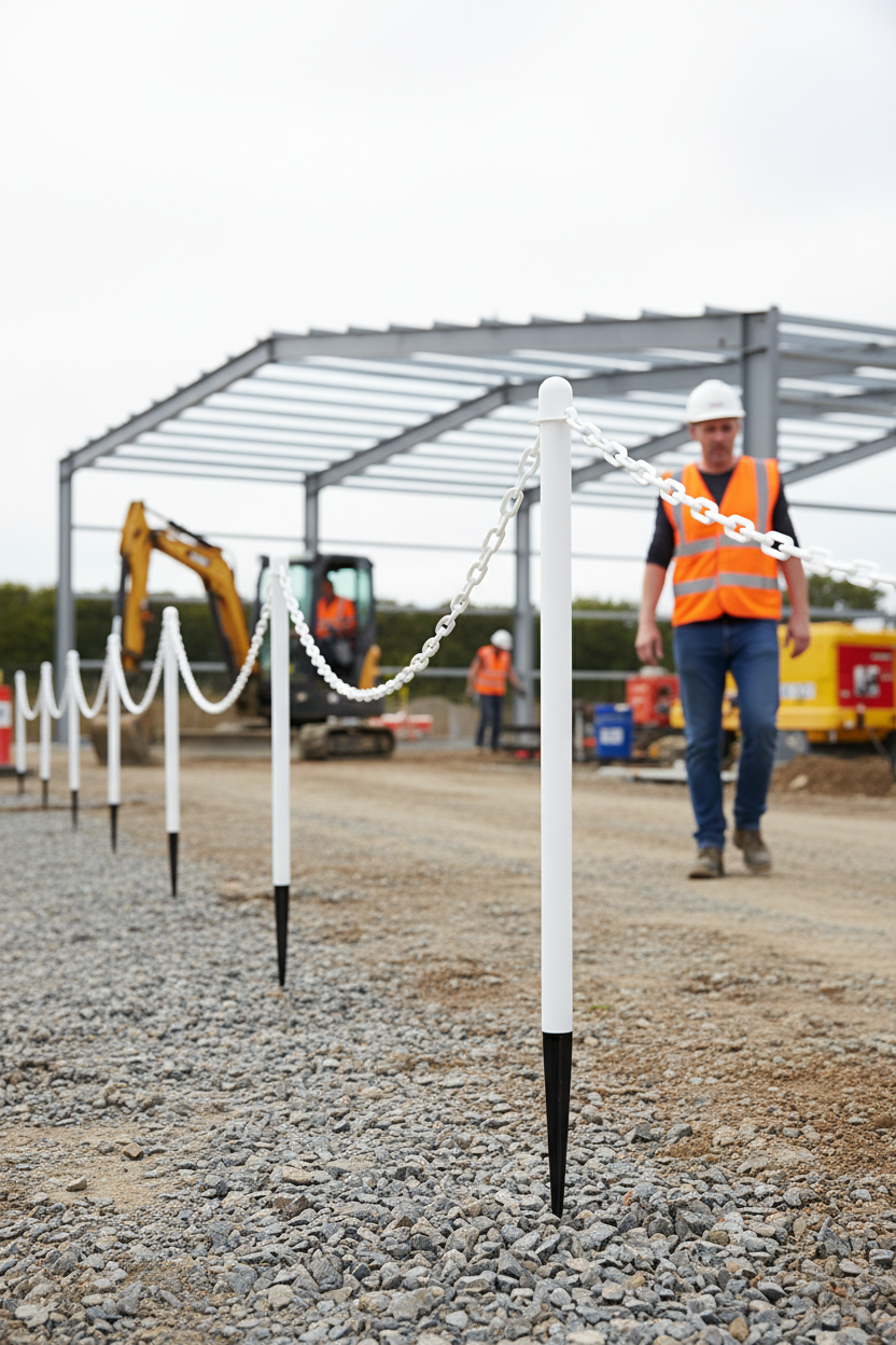 Premium Outdoor Post & Chain Barrier with Durable Plastic Spike and White Cap - Ideal for Gardens and Events